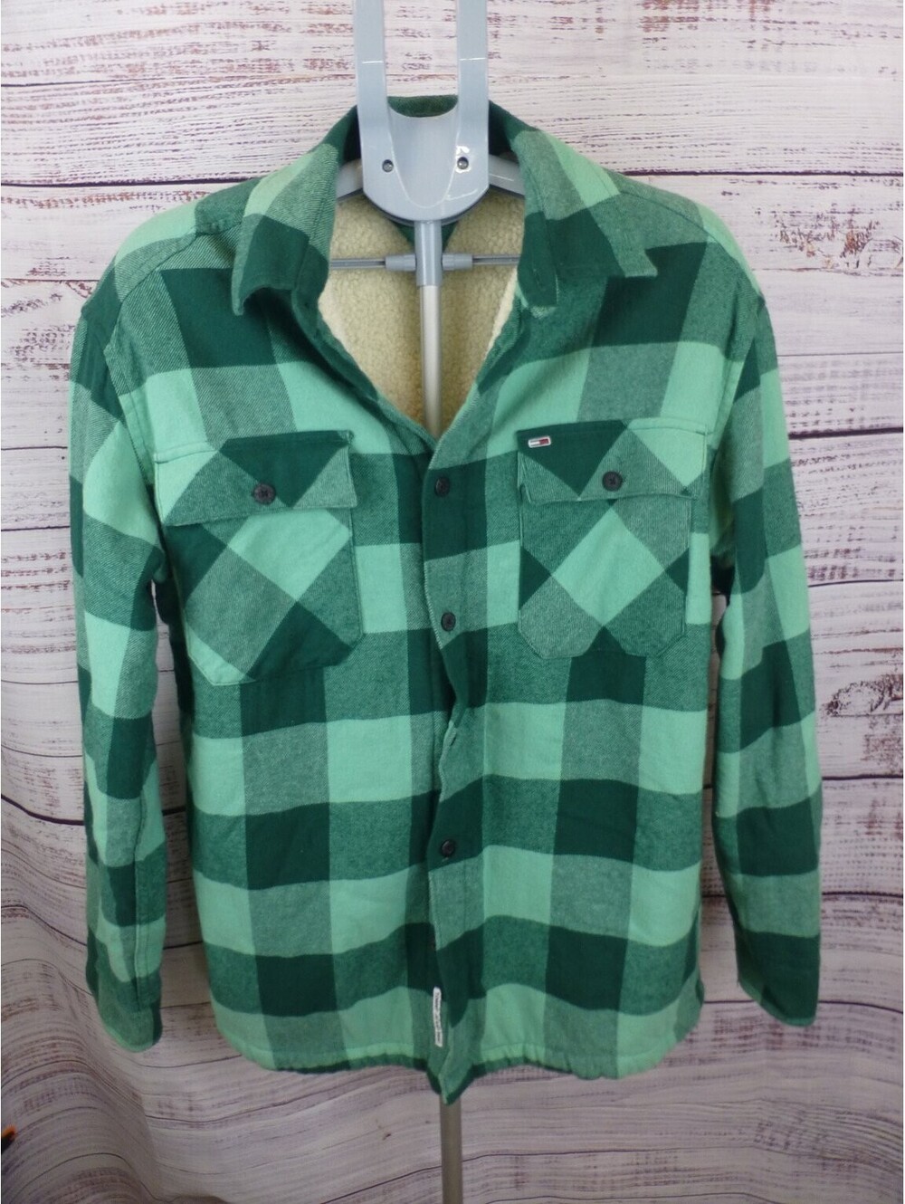 Tommy Jeans Men's L/G Green Plaid Flannel Sherpa Lined Button Down Jacket G3A